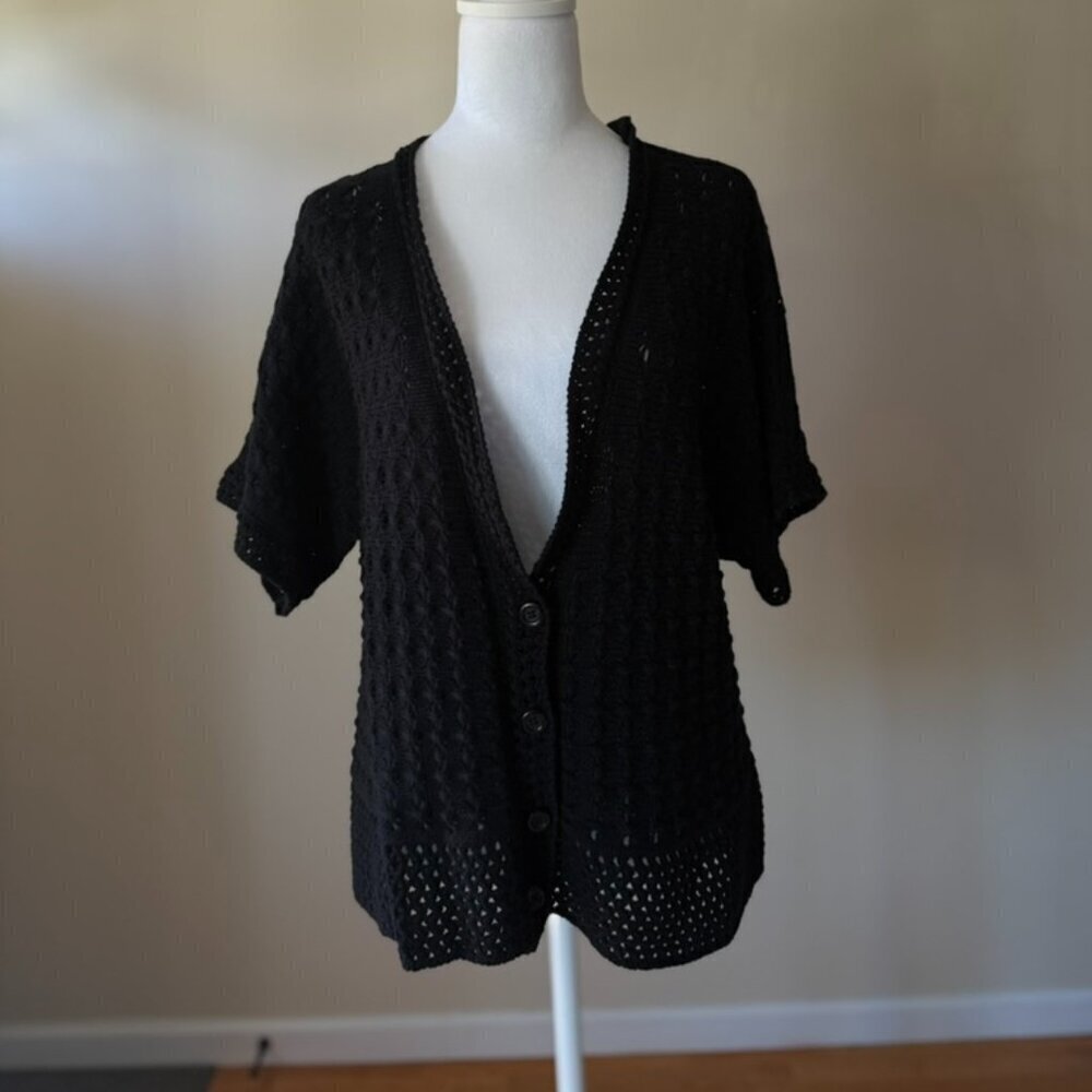D & CO Short Sleeve Cardigan Topper V-neck Black Knit Button Sweater Womens XL